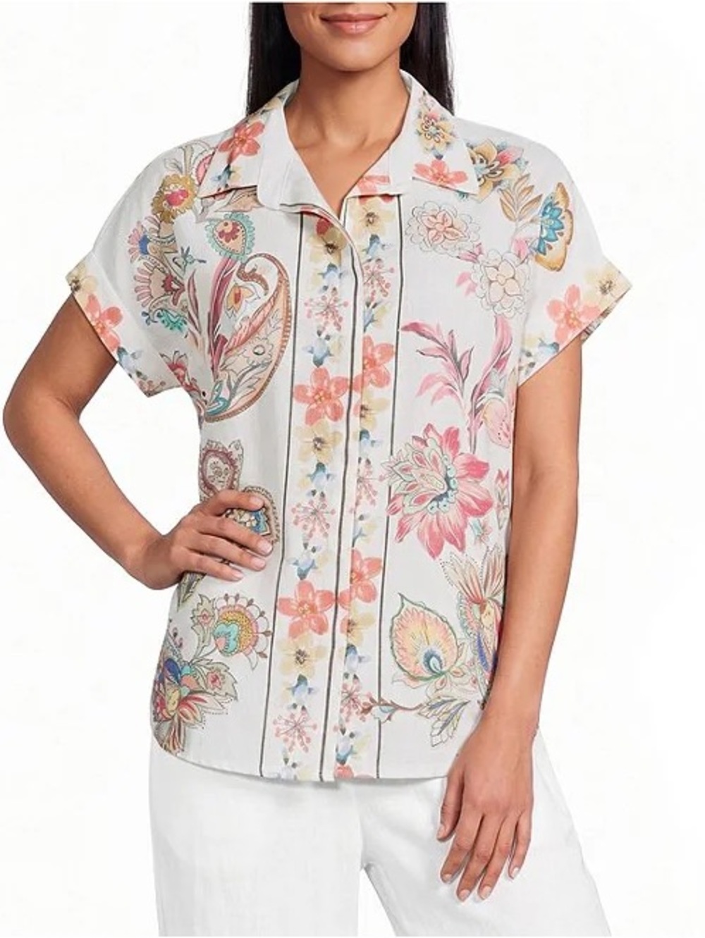 Linen Blend Floral Point Collar Short Sleeve Button Front Tunic